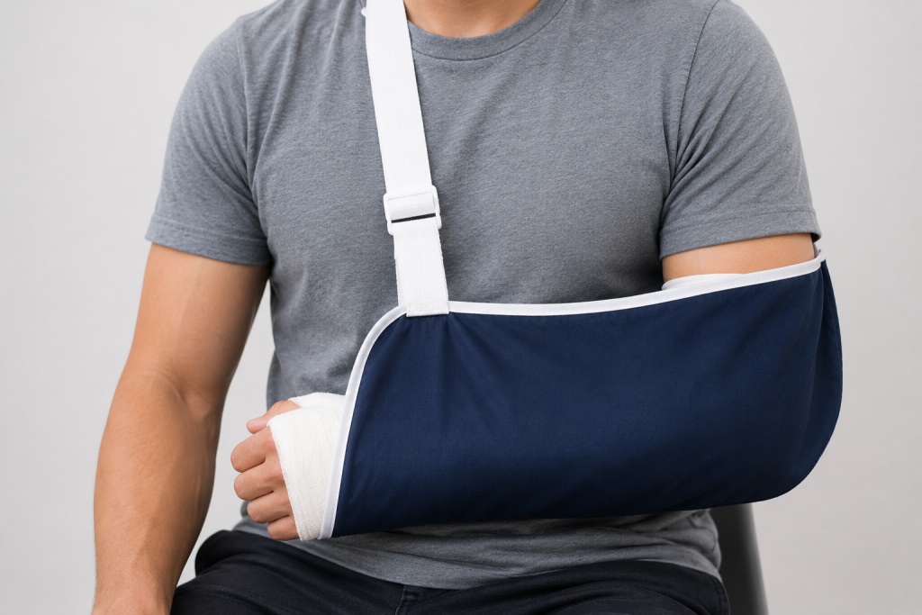 Man wearing an arm cast supported by a sling after a fracture injury