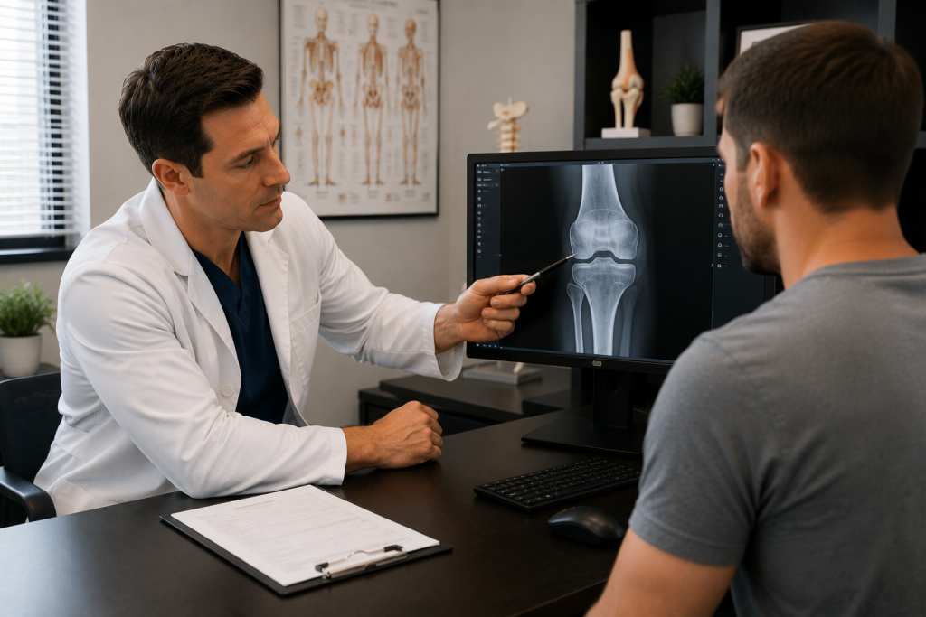 Orthopedic doctor reviewing an X ray with a patient after a car accident injury