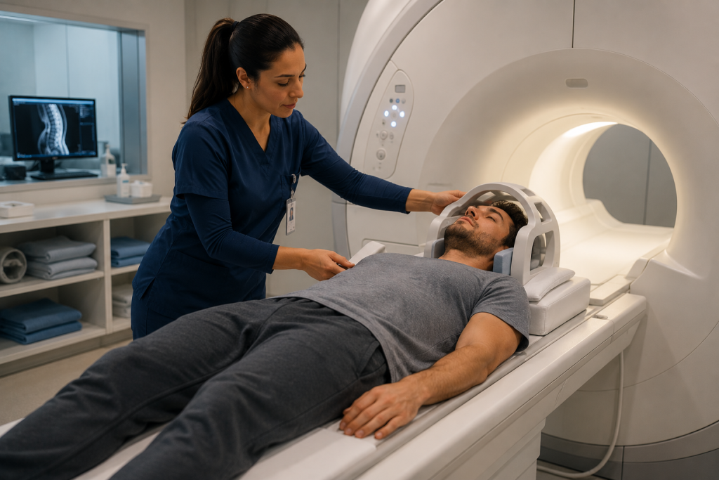 MRI technologist positioning a patient on the scanning table before an MRI examination.