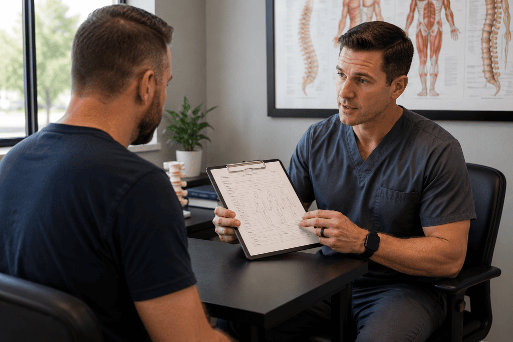Chiropractor reviewing a patient's medical history and symptoms during a comprehensive evaluation after a car accident.