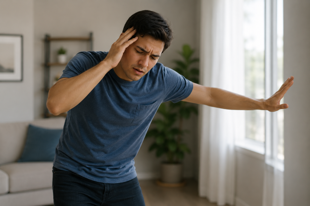 Patient undergoing balance testing for neurological symptoms after a car accident