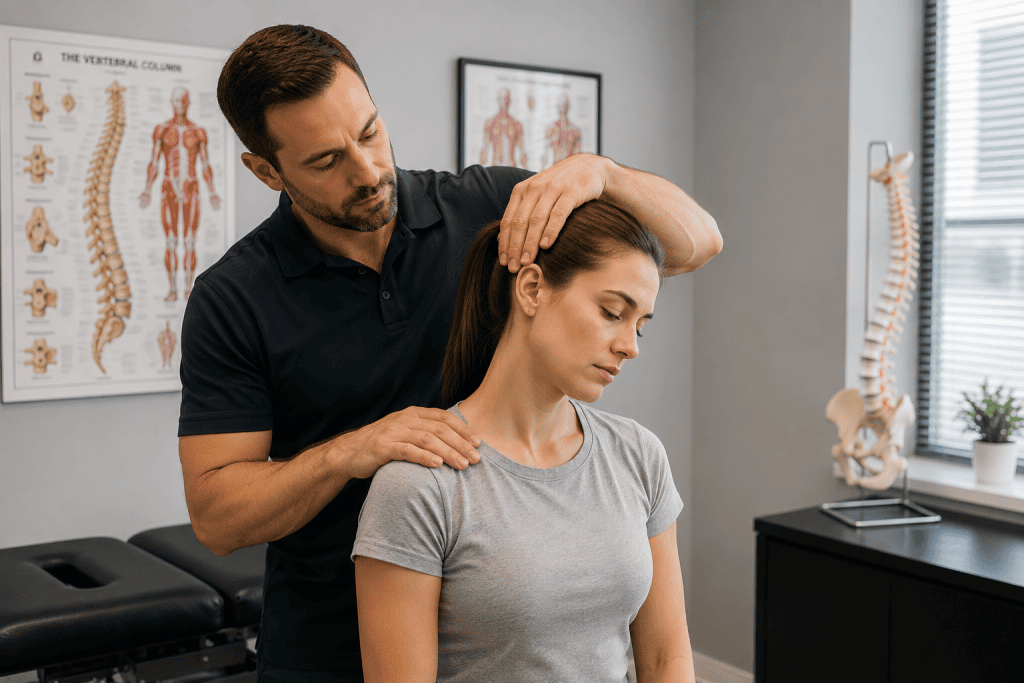 Chiropractor performing a physical examination to evaluate neck pain and range of motion after a car accident.