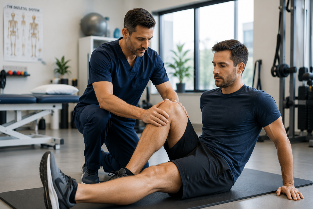 Patient completing orthopedic rehabilitation exercises for a knee injury