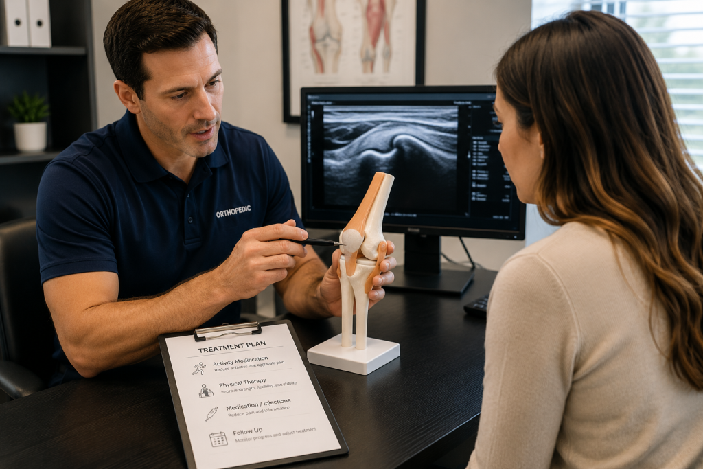 Orthopedic doctor discussing a personalized treatment plan and injury recovery options with a patient