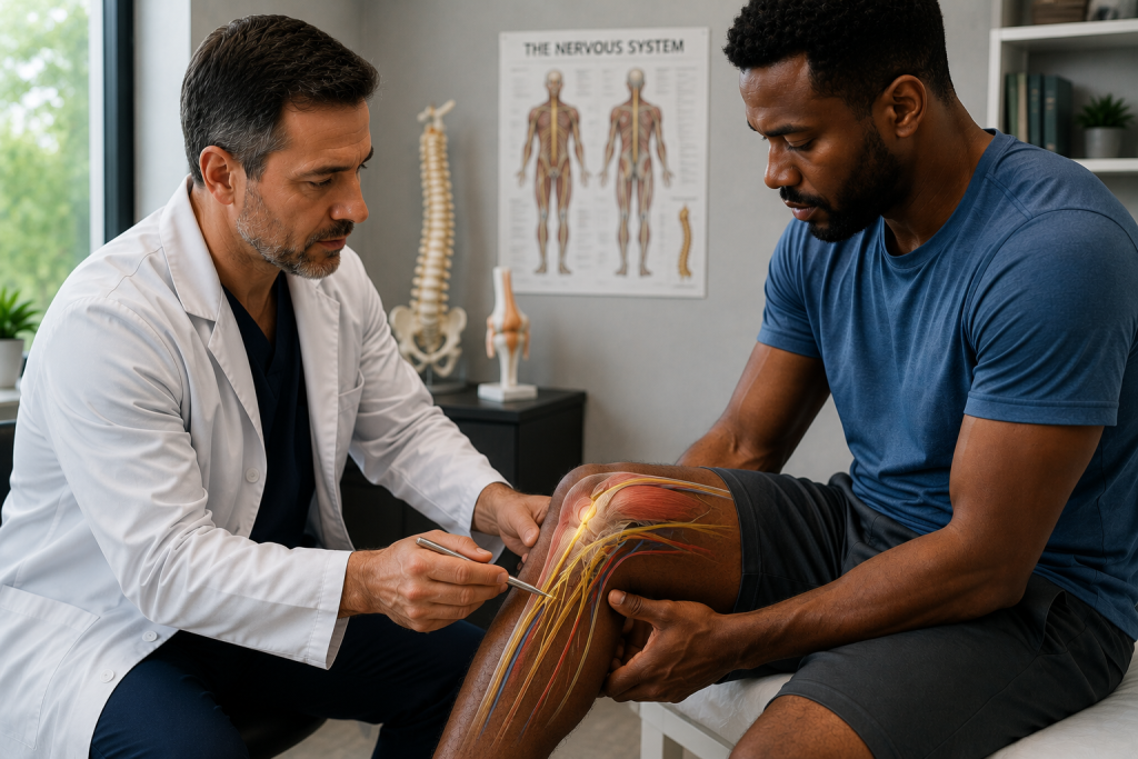 Neurologist evaluating nerve damage in a patient's leg after a car accident