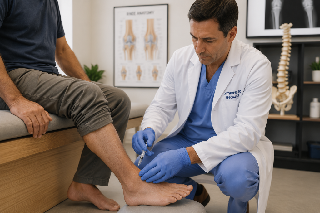 Orthopedic doctor administering an injection treatment for a car accident related joint injury