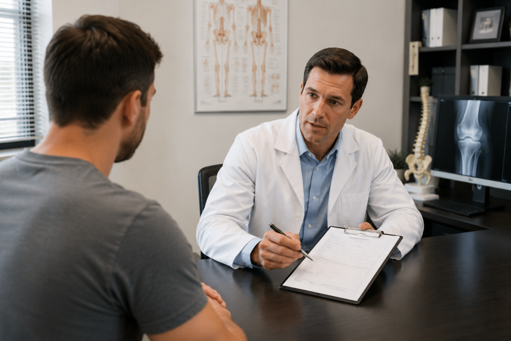 Orthopedic doctor reviewing car accident symptoms and medical history with an injured patient in Georgia