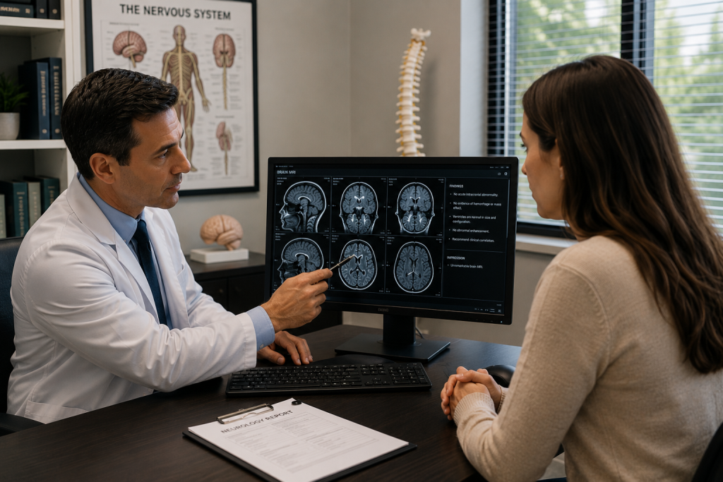 Neurologist reviewing brain MRI images and discussing a personalized treatment plan with a patient.