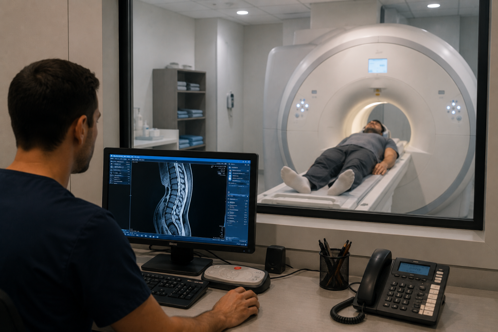 Patient undergoing an MRI scan while a technologist monitors the imaging procedure.