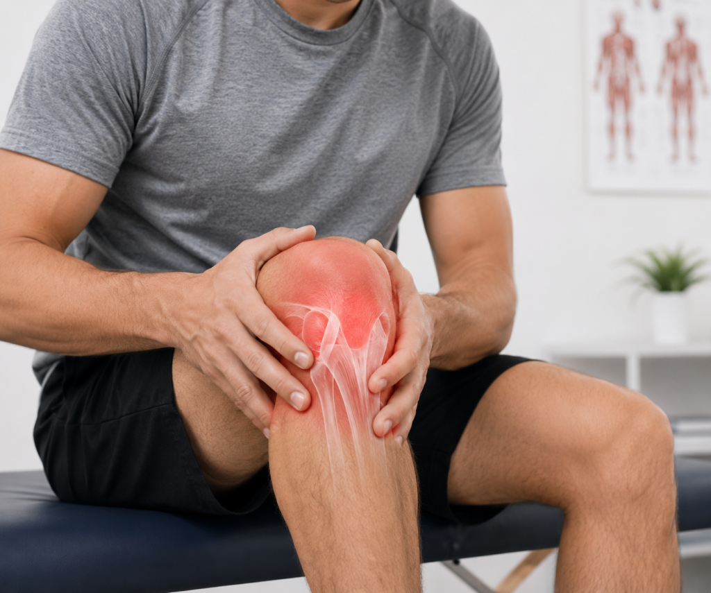 Man holding an injured knee with highlighted ligament and tendon damage