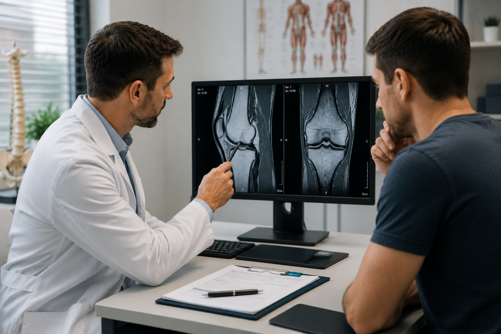 Orthopedic doctor reviewing knee MRI results with an injured patient
