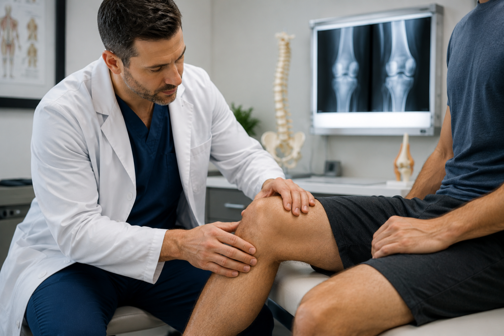 Orthopedic doctor examining a patient's knee after a car accident injury