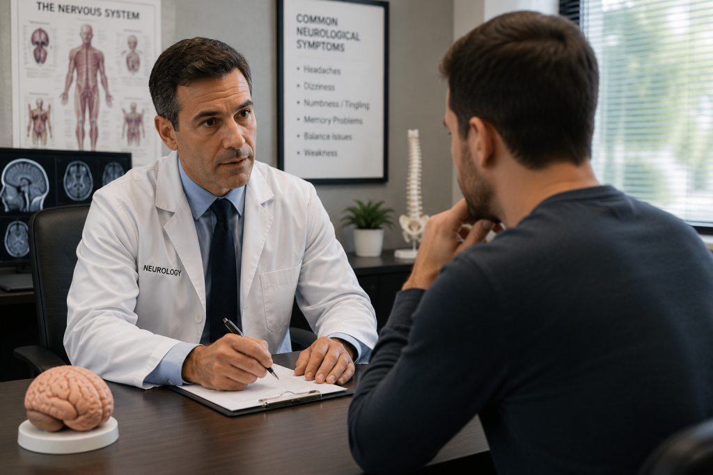 Neurologist reviewing car accident symptoms and medical history with a patient during a neurological consultation.