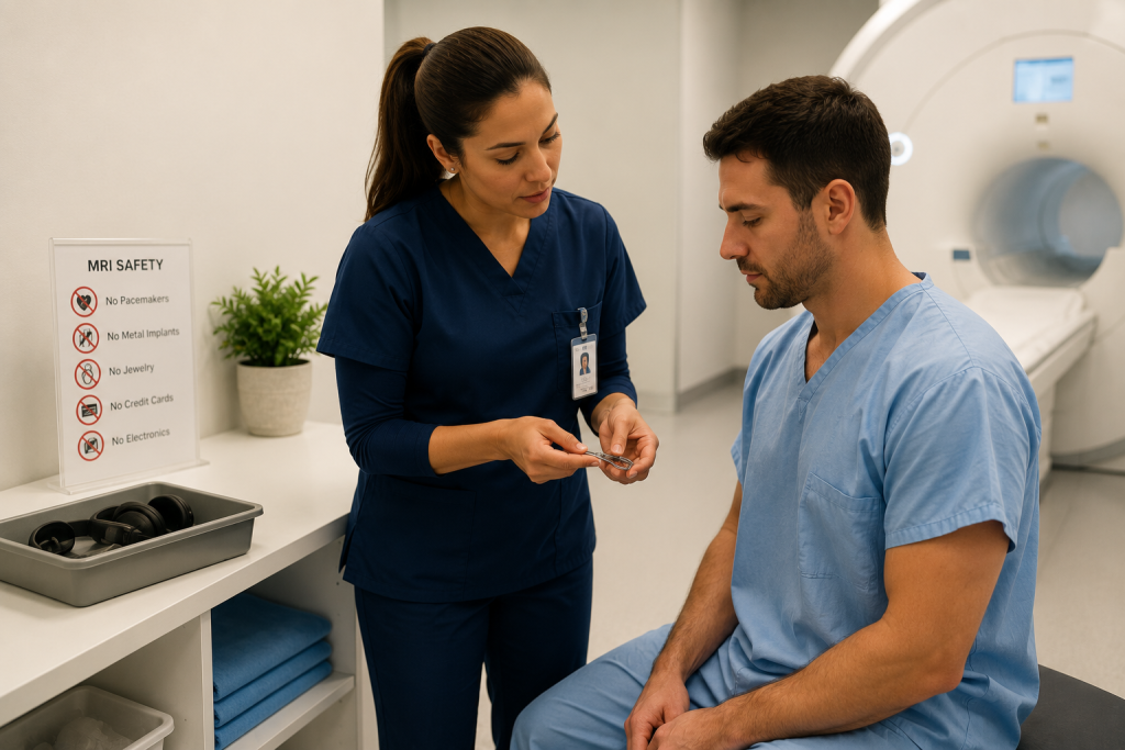 MRI technologist preparing a patient for a scan and reviewing metal safety precautions.