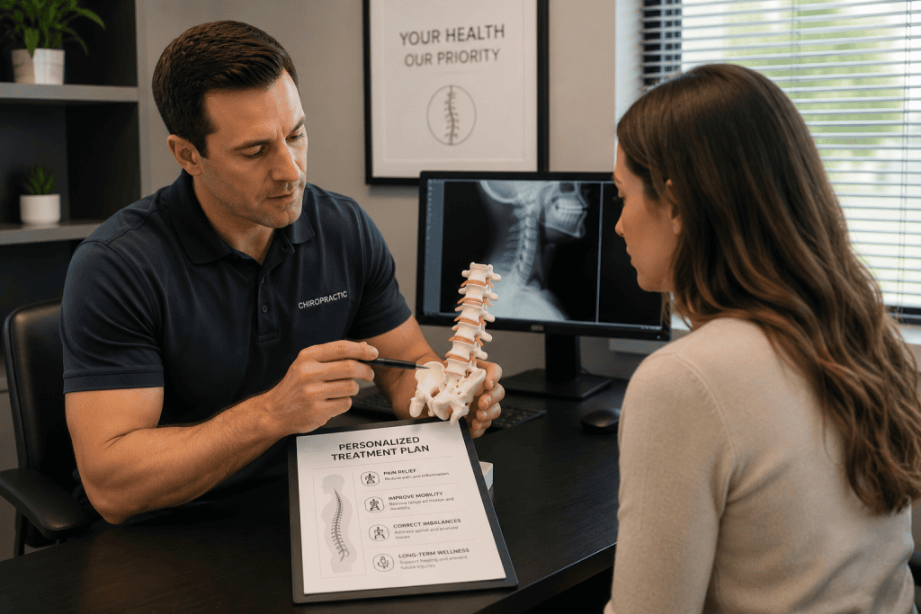 Chiropractor reviewing a personalized treatment plan with a patient after evaluating car accident injuries.