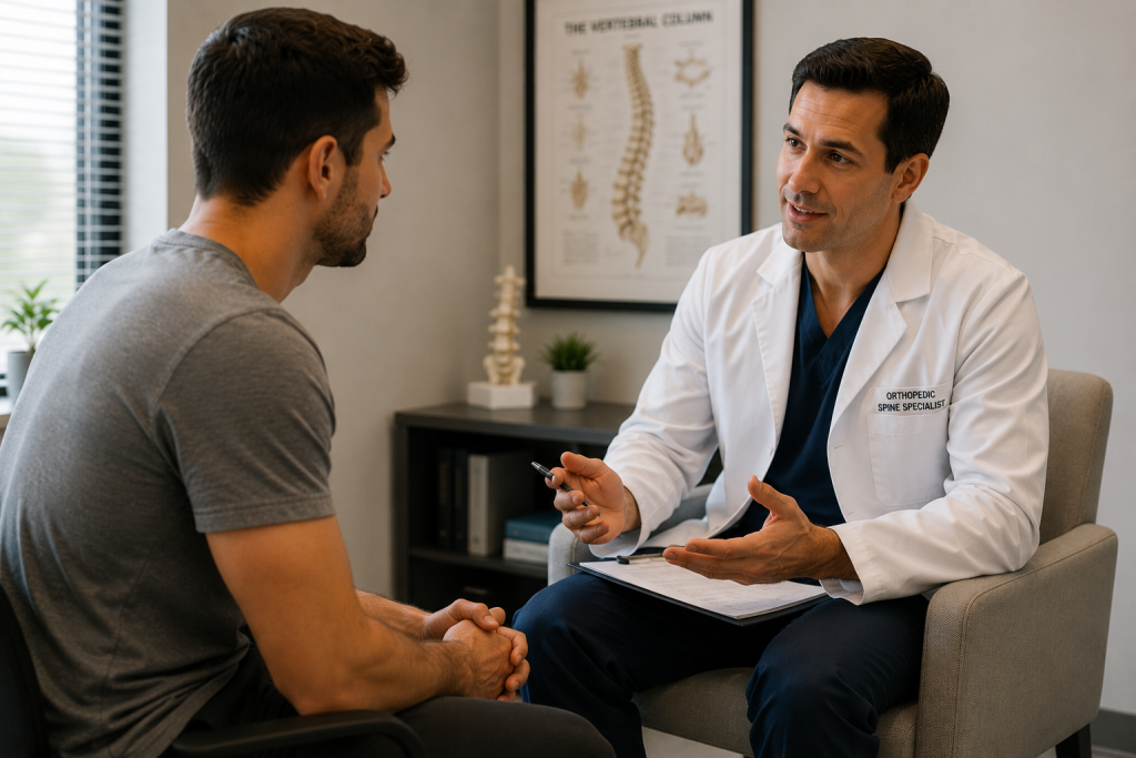 Doctor discussing MRI results and next steps with a patient during a medical consultation.