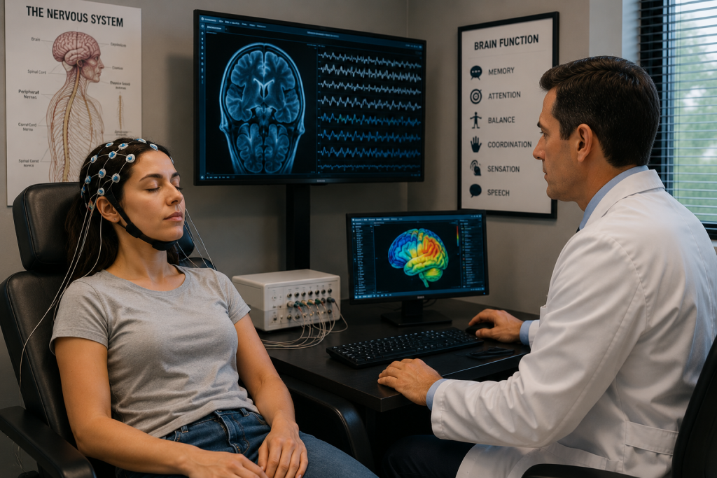 Patient undergoing neurological diagnostic testing to evaluate brain and nervous system function after a car accident.