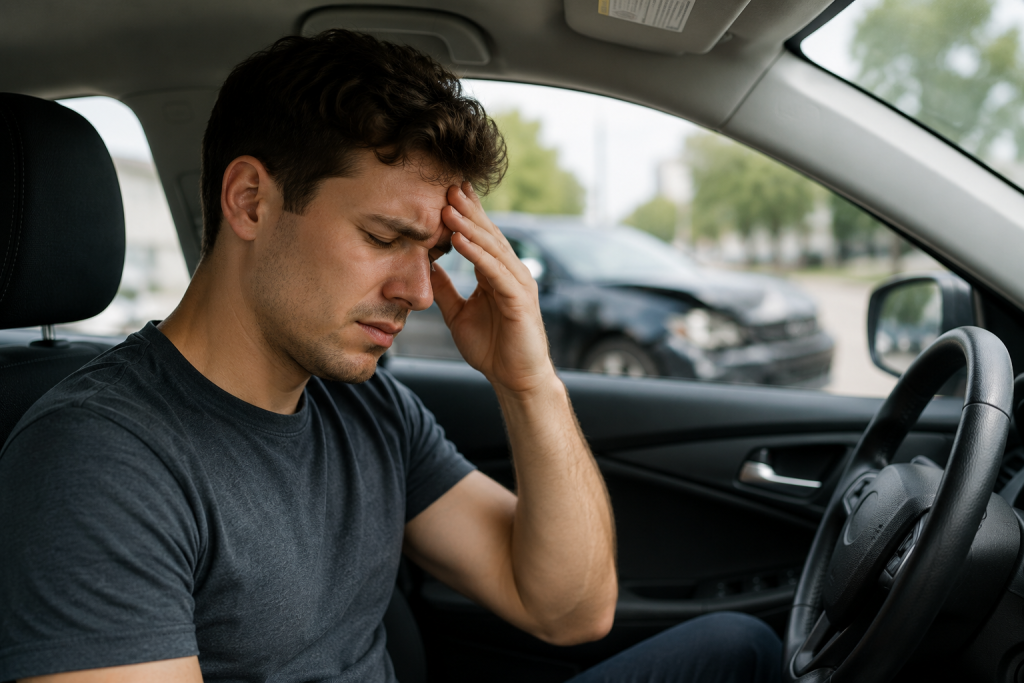 Person experiencing a severe headache after a car accident