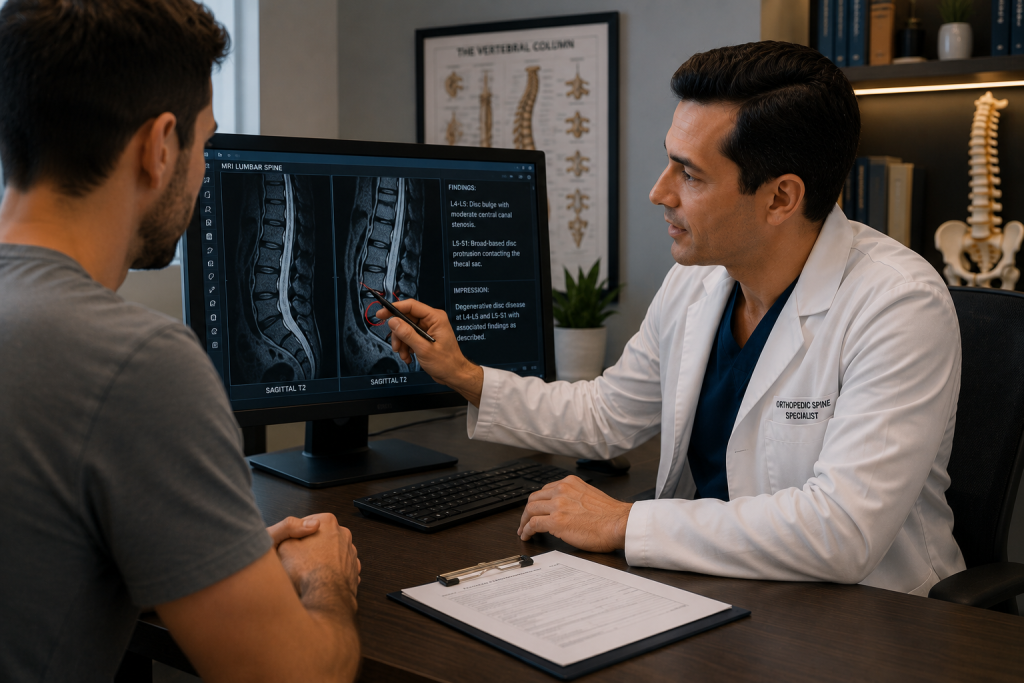 Medical specialist reviewing detailed spinal MRI images and diagnostic findings.