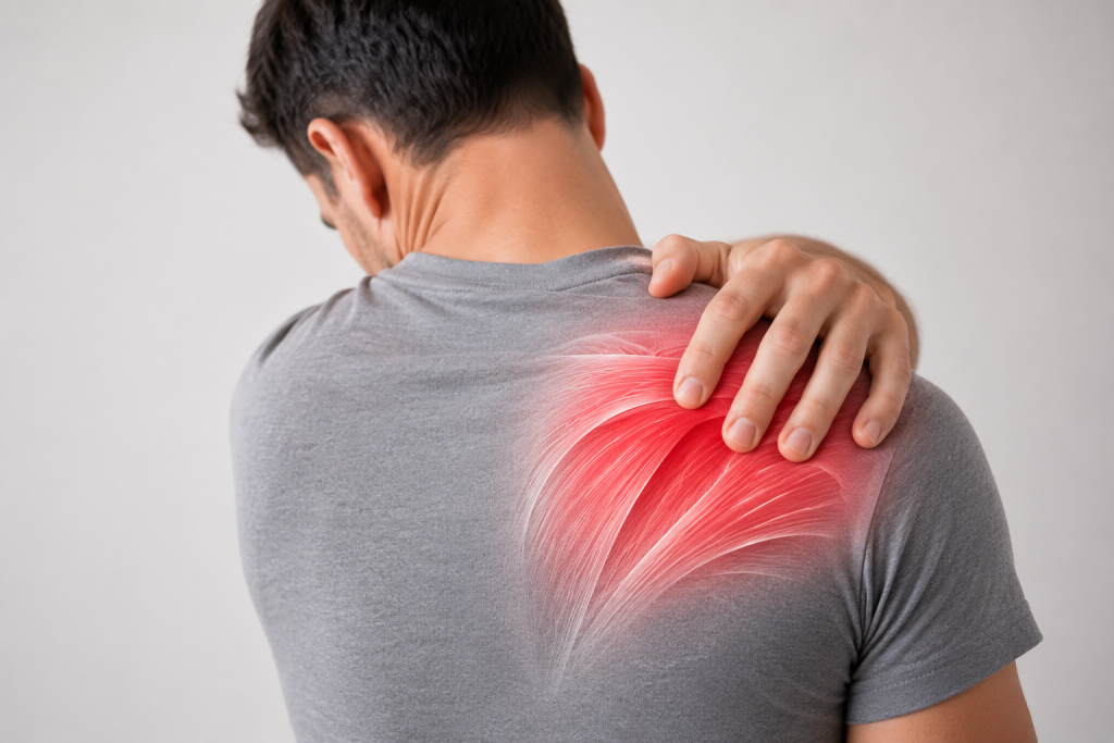 Person experiencing shoulder pain after a Georgia car accident, representing rotator cuff, labral, and soft tissue injuries.
