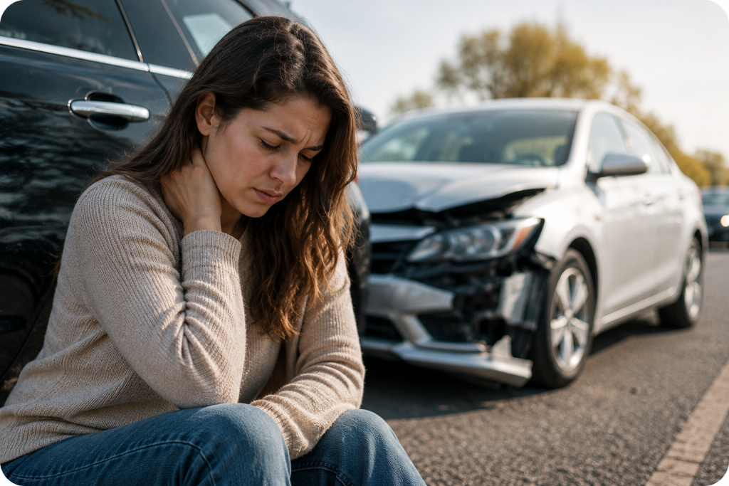 Woman checking herself for injuries after a Georgia car accident while sitting beside a damaged vehicle before seeking medical care.