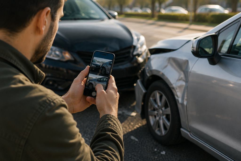 Driver using a smartphone to photograph vehicle damage after a Georgia car accident to document evidence at the crash scene.