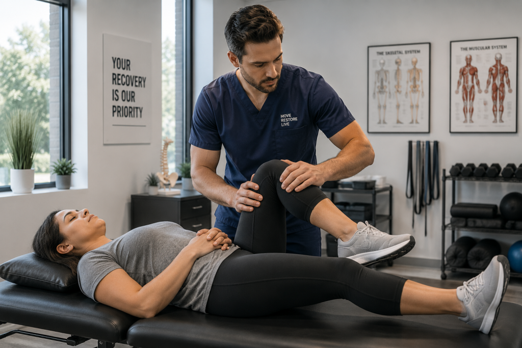 Physical therapist helping a patient recover from injuries after a Georgia car accident through guided rehabilitation and follow up care.