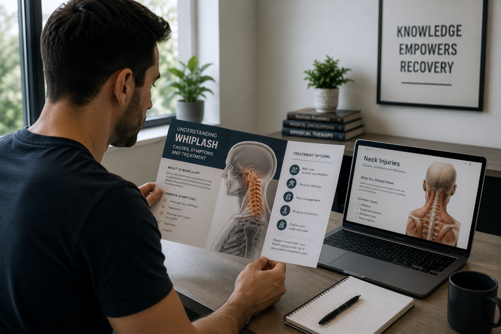Person reviewing educational information about whiplash and neck injuries after a Georgia car accident to better understand diagnosis and recovery.