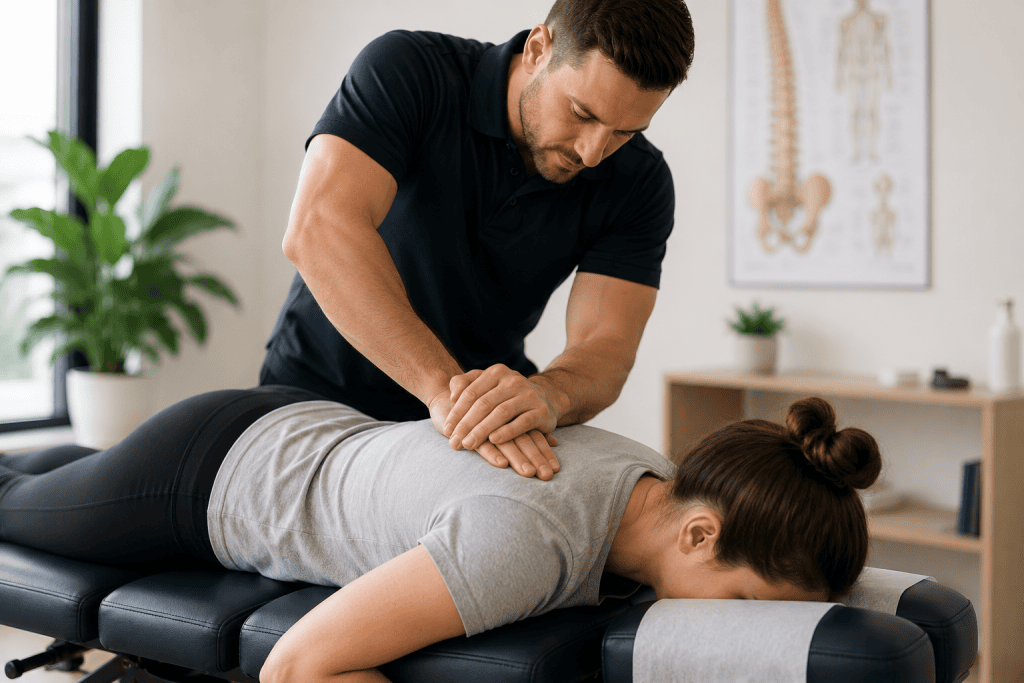 Chiropractor performing a spinal adjustment to relieve neck and back pain after a motor vehicle accident.