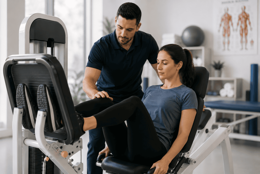 Patient performing supervised rehabilitation exercises with a chiropractor during recovery from car accident injuries.