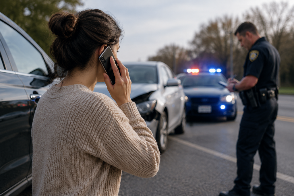 Driver calling 911 after a Georgia car accident as a police officer documents the crash and emergency lights flash in the background.