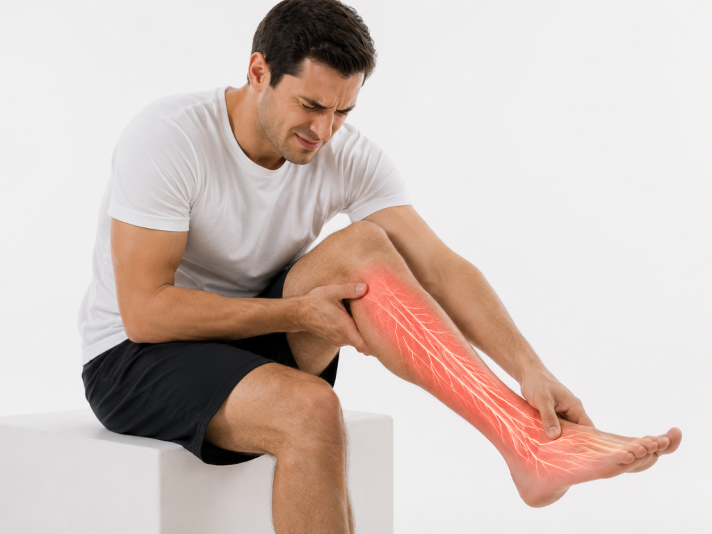 Person experiencing nerve pain in the lower leg after a Georgia car accident, illustrating numbness, tingling, and nerve damage symptoms.